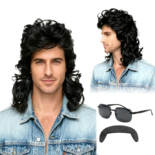 3 PCS Black Mullet Wig for Men Set with Mustache and Sunglasses Mens, 70s 80s Mullet Wig for Halloween Carnival Pop Rock Costumes Cosplay Party (Black)