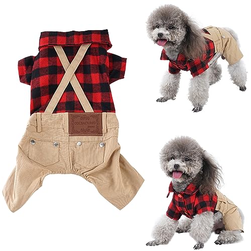Disfraz para perro pequeño con camisa roja y pantalones caqui