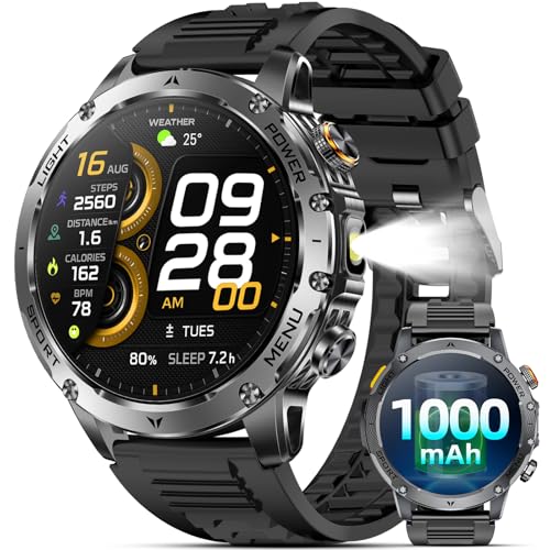 Military Smart Watches for Men, Smart Watch with 1000 mAh Battery/Answer/Dial Calls/Fitness Tracker/Flashlight/Heart Rate/Sleep Monitor/100+ Sports Mode, 1.7″ Waterproof Smartwatch for Android/iPhone