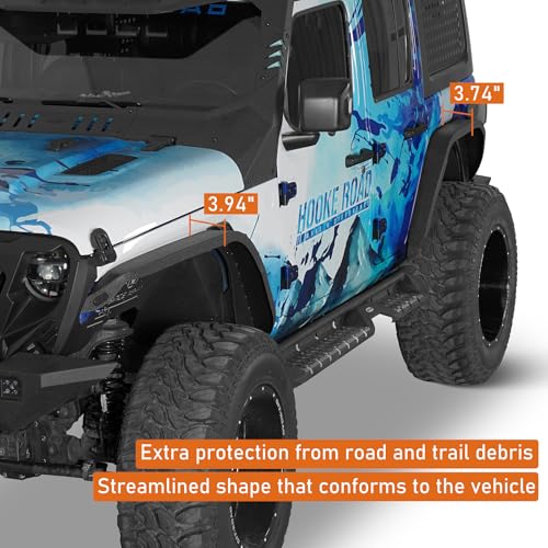 Image of Hooke Road JL Slim Flat Fender Flares for 2018-2026 Jeep Wrangler JL JLU 2 /4 Doors, Front and Rear Steel Fenders with LED Turn Signal Lights - 4 PCS Set