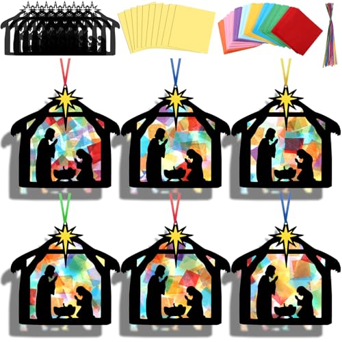 Eersida 32 Sets Christmas Nativity Ornaments Crafts Kits Bulk DIY Christian Suncatchers Window Art Christianity Make a Nativity Tissue Paper Kit for Holy Night Religious Lent Bible VBS Sunday School
