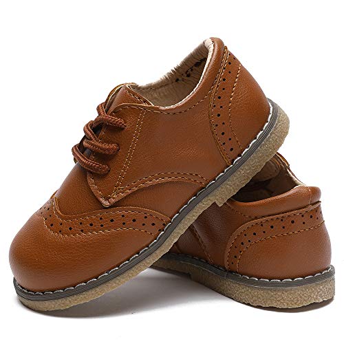 E-FAK Toddler Baby Boys Girls Loafer Shoes Soft PU Leather School Uniform First Walker Outdoor Dress Flat Shoes(Toddler/Little Kid)(7 Toddler, 01 Brown)