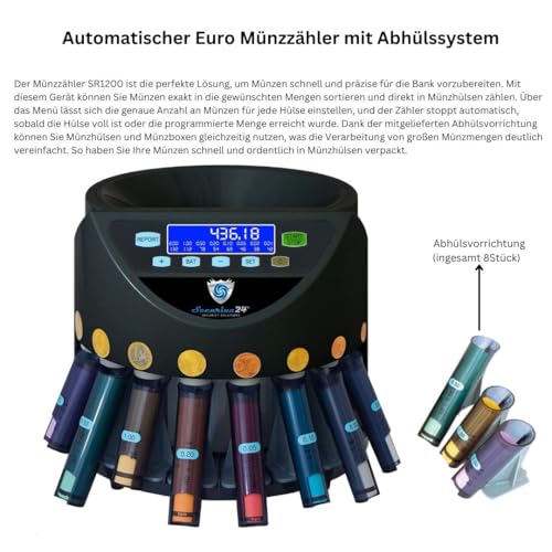 Automatischer Euro Münzzähler & -sortierer Geldzählmaschine SR1200LC mit Abhülsung Geldzähler Münzzählautomat Securina24 (schwarz LC - BBB)