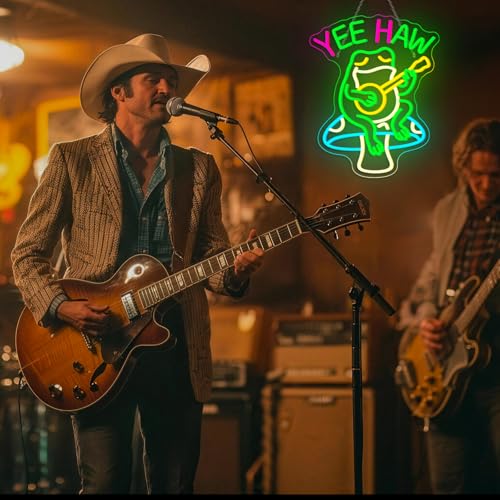 Image of Yee Haw Frog Neon Sign Guitar LED Light 13x16 Inch Cartoon Cowboy Frog Neon Signs for Bar Pub Man Cave Bedroom Game Room Wall Decor Music Fans Gift