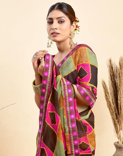 Image of SIRIL Women's Printed Chiffon Saree with Unstitched Blouse Piece