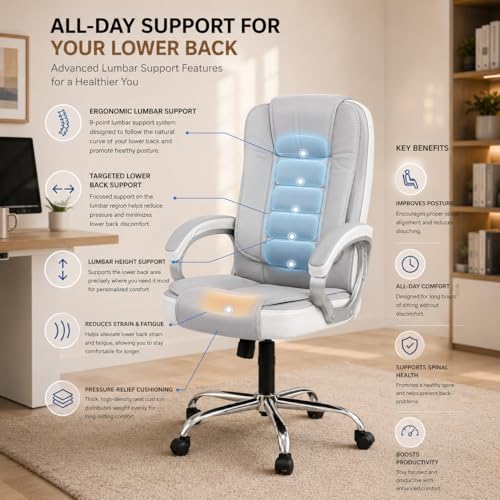 Image of GOYALSON Ergonomic Office Chair | Leatherette Seating Chair with Adjustable Height | 360 Revovling Chair | Comfortable Padded Seating /Suitable for Office /Study (White & Grey)