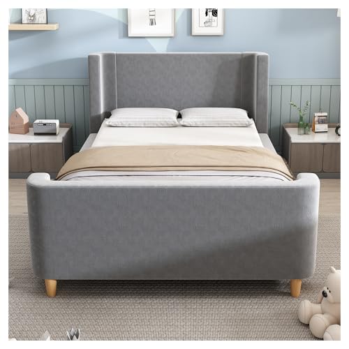 Lit capitonné, lit simple, en traîneau, avec motif cosmique, 90 x 200 cm, pour garçons et filles, gris, en velours (sans matelas)