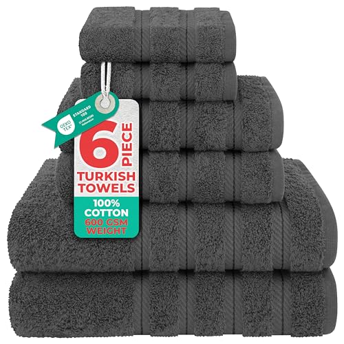 American Soft Linen Luxury 6 Piece Towel Set, 2 Bath Towels 2 Hand Towel 2 Washcloths, 600 GSM 100% Cotton Turkish Towels for Bathroom, Dark Gray Towel Sets