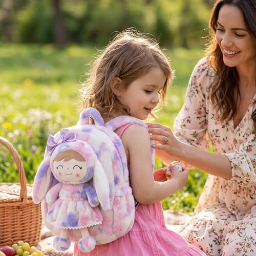 Image of Gloveleya Back to School Gifts for Girls Backpack Plush Diaper Bag Detachabale Doll Tie-dye Purple and Soft Rabbit Design Aged 2+
