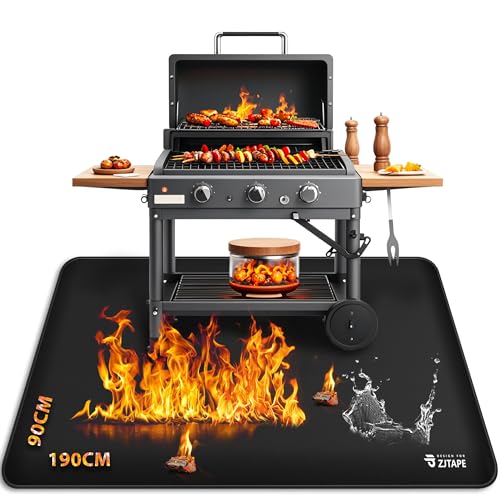 Tapis de barbecue ignifuge - 190 x 90 cm - Tapis de protection contre la chaleur pliable - Protection du sol - Tapis de barbecue en fibre de verre et silicone...