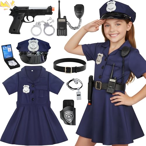 Doxrmuru Police Costume for Girls Police Outfit with Toy Gun Cop Accessories(9-10 Years)