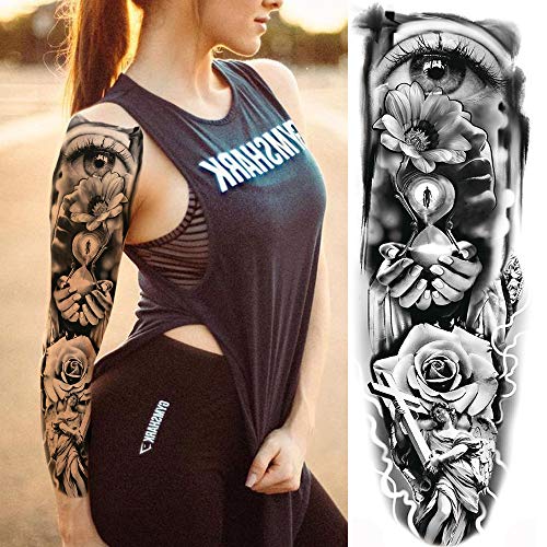 11 Sheets Nezar Sexy Big Rose Flower Full Arm Temporary Tattoos For Women Compass Clock Fake Tattoo Sticker Long Large Temporary Tattoo Sleeves Tribal Waterproof Twisted Chain Temp Tatoo Paper Skull #TOP5