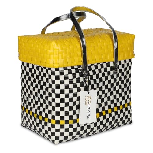 Image of Arnavira Handmade Multipurpose Basket with Lid 4L Used for Organiser, Makeup Items Storage,Kids Tiffin (18x12x19 cm) (Yellow Checked, X Small)