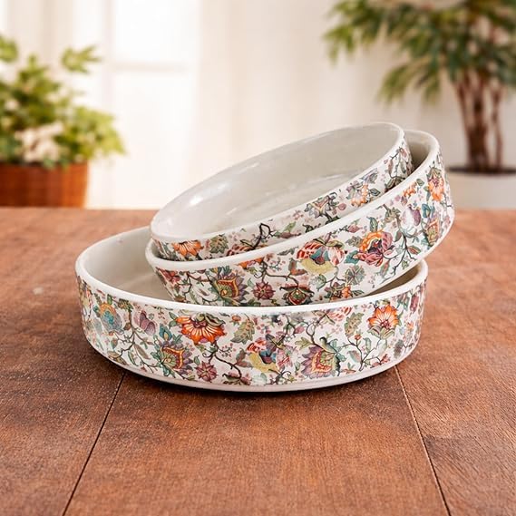 Image of Niyara Stoneware Handmade Ceramic Stylish Premium Serving Bowls /Salad Tray Microwave Dishwasher Safe (White with Multicolor Design Set of 3)