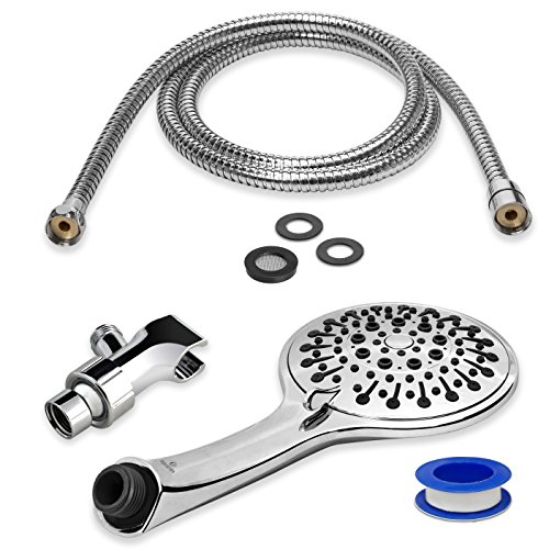 Aquarius Handheld Chrome Shower Head With Hose (Extra Long) Luxury Spa Grade High Pressure Hand Held Shower Wand With 6 Spray Settings - Adjustable Brass Ball Holder & Teflon Tape #TOP7