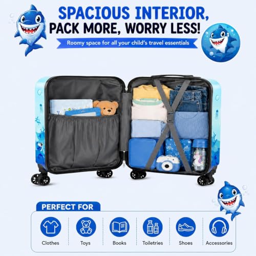 Image of Kids Carry On Luggage with Wheels,18-inch Hard Shell Suitcase Lightweight Toddler Rolling Trolly with Retractable Handle,Durable Hardside Spinner Trolly for Airplane Travel (Blue Shark)