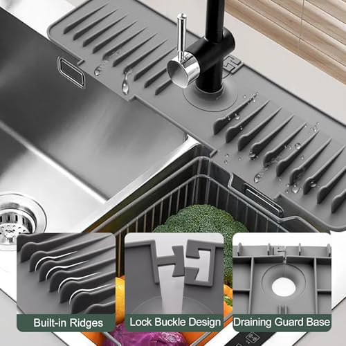 17.7"×5.5" Sink Splash Guard,Silicone Faucet Mat for Kitchen Bathroom Sink,Draining Mat Faucet Handle Drip Catcher Tray, Sink Organizer Holder for Sponge Dish Soap