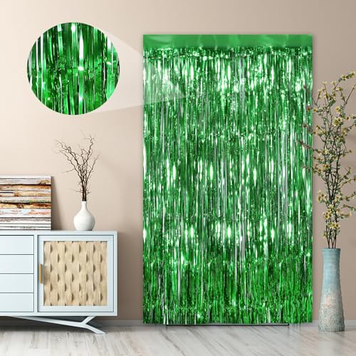 Image of Green Fringe Curtain Party Streamers 2Pack 3.3 x 8.3 Ft Foil Fringe Backdrop Curtains for Birthday Wedding Bridal Baby Shower Holiday Tinsel Streamers Green Party Christmas Decorations Door Streamers