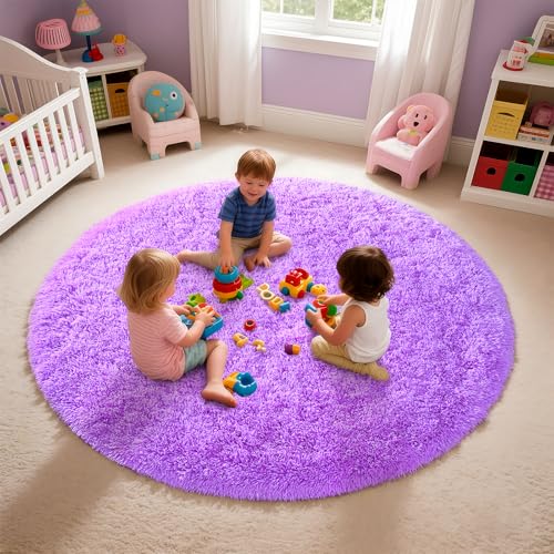 Purple Round Rug for Bedroom, 4Ft Fluffy Circle Area Rugs for Living Room, Shag Fuzzy Carpet for Kids Room, Nursery, Dorm, Classroom, Teen, Cute Baby Play Mat Home Decor Aesthetic