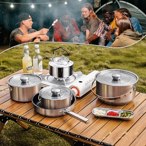 Conjunto de panelas de acampamento, conjunto de panelas e frigideiras de aço inoxidável 304, equipam