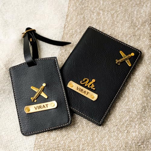 Image of Thebaegift Personalized Leather Luggage Tag & Paasport Cover with Custom Name Plate - Travel Tag for Suitcase, Backpack &- Durable Bag Identifier for Men & Women - Stylish Travel Accessory Gift