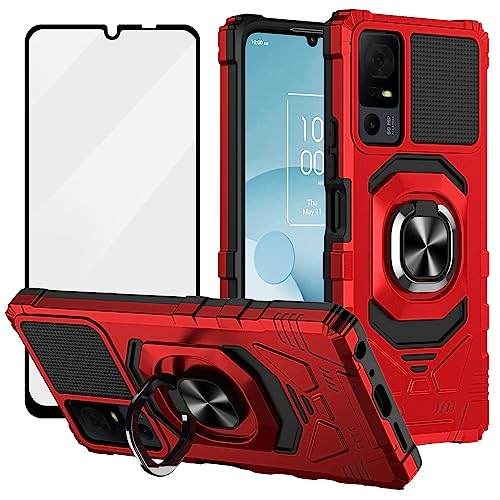 Ailiber for TCL 40XL Case TCL 40 T Phone Case with Screen Protector Tempered Glass Ring Kickstand for Magnetic Car Mount Military Grade Shockproof Protective Cover for Jitterbug Smart 4/TCL 40T-Red