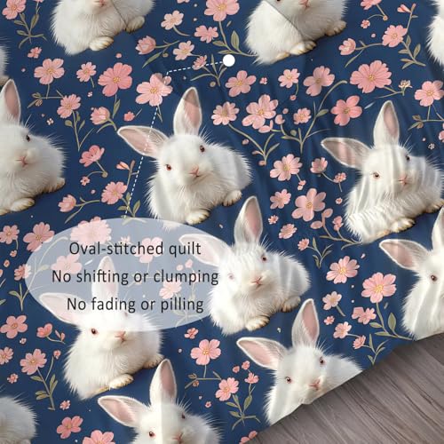 Image of Kawaii Floral Rabbit Comforter Set Queen Size Blue Pink Flower Bunny Bedding Sets for Kids Teens Boys Girls Bedroom Easter Decor Cute Animal Quilt 1 Comforter 2 Pillowcases