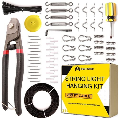 String Light Hanging Kit 200FT - String Light Suspension Kit | Outdoor Light Hanging Kit with Black Ties, Guide Wire for Outdoor String Lights for Cafe Patio & Wire for Hanging String Lights