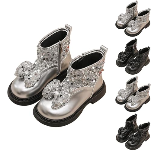 Girls Ankle Boots Bow Glitter Chunky Low Heel Side Zipper Dress Booties Fashion Fall Shoes for 4-11 Years
