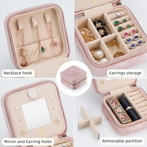 Image of TRODANCE Plush Velvet Travel Jewelry Case Organizer, Small Travel Jewelry Box,Portable Jewelry Box Travel Mini Organizer Portable Display Storage Box For Rings Earrings Necklaces (Pink)