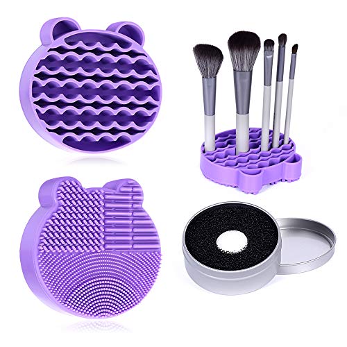 Silicone Makeup Brush Cleaner Mat, 2 in 1Brush Cleaning Mat,Brush Cleaner Pad with Brushes Drying Holder, Brush Scrubber Mat Portable Washing Tool with Removal Sponge Dry Makeup (Purple)