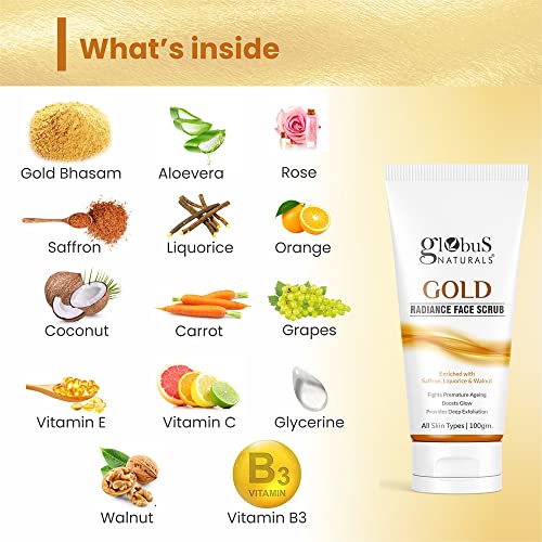 Image of Globus Naturals Gold Radiance Anti Ageing & Brightening Face Scrub Enriched with Saffron, Liquorice & Walnut, 100 gms