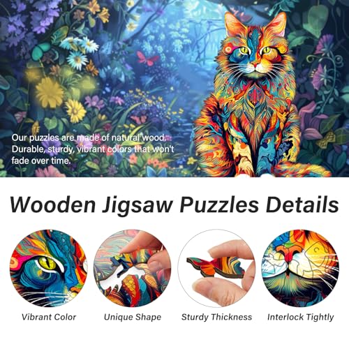 Rompecabezas de madera para adultos - Gato Maine Coon, rompecabezas jigsaw de madera | Rompecabezas únicos de animales en madera para adultos, regalos navideños para amantes de los rompecabezas (80 piezas, pequeño, 8,3" x 6,6") miniatura 2