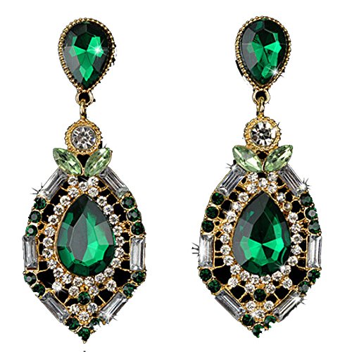 Vanvler Women Sparkling Crystal Teardrop Dangle Rhinestone Stud Earrings (Green)