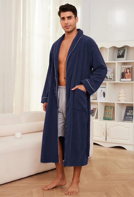 Vulcanodon Mens Shawl Collar Fleece Bathrobe, Soft Warm Long Sleeve Robe with Pockets Spa Robes for Men Cozy Sleepwear4