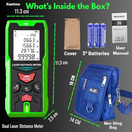 Image of Kwetmo Laser Measuring device-70 Mtr Outdoor, Green-Beam Dual Laser Distance Meter-Digital Distance Measurement Laser Machine, IP54 Waterproof Large LCD Backlit, Pythagorean Mode 70Mtr