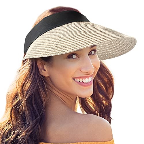 Straw Sun Visor Hat Women Wide Brim Foldable Packale Beach Golf Gardening Cap Summer UV Protection Accessory Beige