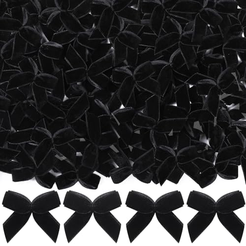 JOICEE 120 Pcs Black Mini Velvet Bows for Crafts 1.4 Inch Small Ribbon Bows Decorations Twist Tie Bows Ornaments with Box Stickers for DIY Sewing Crafts Decorations Tree Wreath Garland Decor