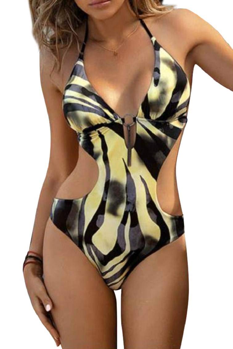 heekpek Maillot de Bain Femme 1 Pieces Sexy String Col V Halter Monokini Push Up Maillot de Bain Une Piece Maillot de Bain Imprimé