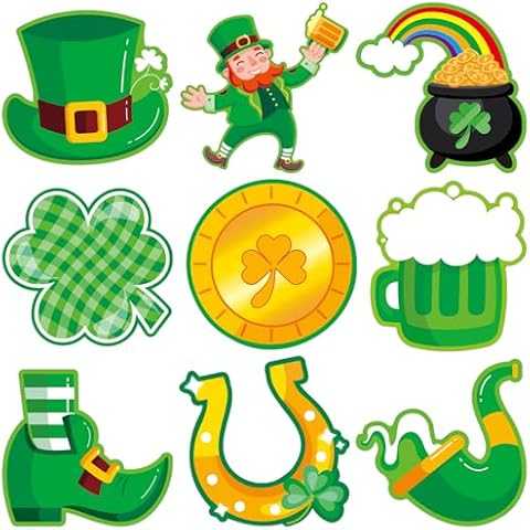 45 Pcs St. Patrick's Day Cutouts Shamrock Gold Coin Leprechaun Cutouts for St Patricks Bulletin Board Classroom Party Decorations Cover