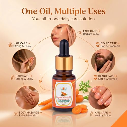 Image of KUNJ Carrot Seed Oil 10ml | 100% Pure & Natural Cold Pressed Oil | Undiluted Beauty Oil for Glowing Skin, Face Nourishment, Skin Hydration & Daily Skincare Use