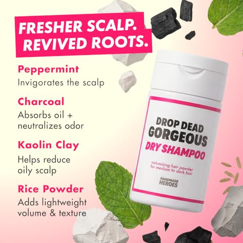 Handmade Heroes Non Aerosol Dry Shampoo Powder 1.8oz 100% Natural & Vegan Volumizing Powder For Dark Hair & Brunette Hair