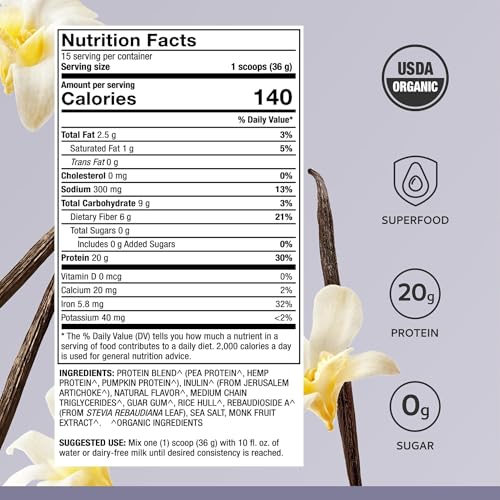 Image of Dr. Mercola Pure Power Organic Vegan Protein - Chocolate, 19 oz, 15 Servings, Certified USDA Organic, Non-GMO