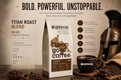 Image of Zupreme Premium Coffee Titan Roast 80:20, Arabica Robusta Coffee Beans, Medium Roast, Strong Rich & Full Bodied, Freshly Roasted, Ideal for Espresso Filter & Milk Coffee | 500 grams