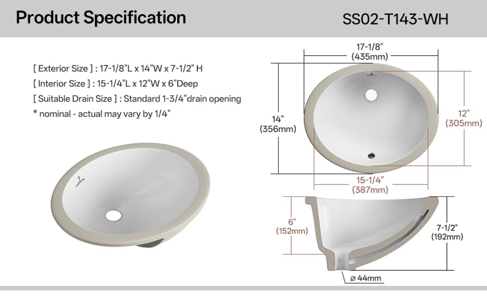 Lavandino da bagno ovale, 38,7 x 30,5 cm (dimensioni interne), ovale, in porcellana ceramica, sottotop con troppopieno, bianco