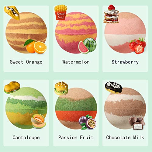 Blue Velvet 6 Pack 3.6 Oz Bath Bombs Gift Set Surprise Delicious Food Inside Mishiu Strawberry Cantaloupe Chocolate Milk Scented Fizzy & Bubbly Bath Balls Set Safe For Boys Girls Color Bath Tablets #TOP1