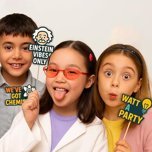 Image of Just Party Science Theme Happy Birthday Cake Topper & Birthday Props for Kids | STEM Cake Toppers for Cake Decoration & Photo Props / Muffin Toppers | Set of 6 Props + 1 Topper