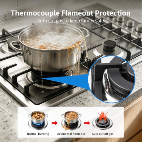 Image of Ranein 30 Inch 4 Burner Gas Cooktop, NG /LPG Convertible Gas Stove Top, 304 Stainless Steel with Thermocouple Flameout Protection for Kitchens, Apartments, RVs