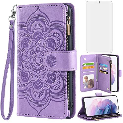 Asuwish Compatible with Samsung Galaxy S21 Plus Glaxay S21+ 5G Wallet Case and Tempered Glass Screen Protector Flip Card Holder Cell Phone Cover for Gaxaly S21+5G S21plus 21S + S 21 21+ G5 Men Purple