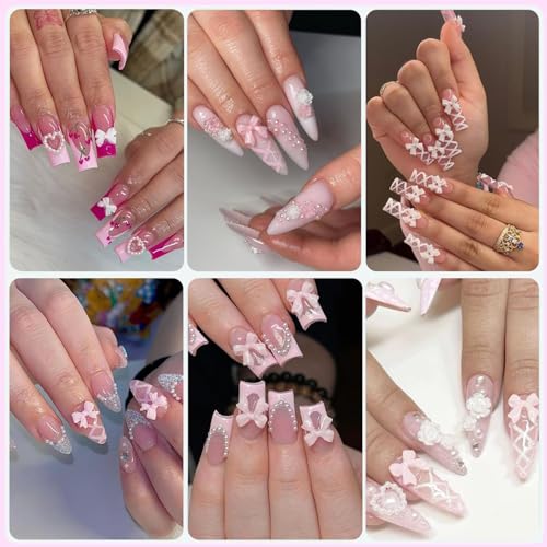 Nayyana 3D rosa weiße Schleifen Nagel-Charms, Acryl-Frühlingsblüte, kleine Blumen, Herz-Perlen, Nagel-Charms, verschiedene Größen, Perlen mit flacher Rückseite, Nagel-Charms für Maniküre